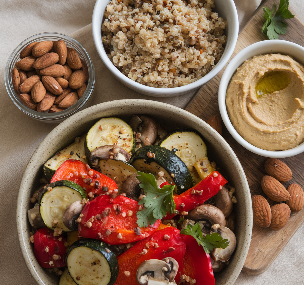 Bowl mit gebratenem Gemüse - daneben Hummus, Quinoa und Mandeln