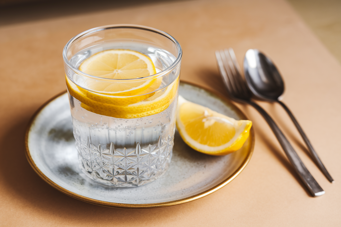 Zitronenscheiben mit Wasser im Glas - auf einem kleinen Teller