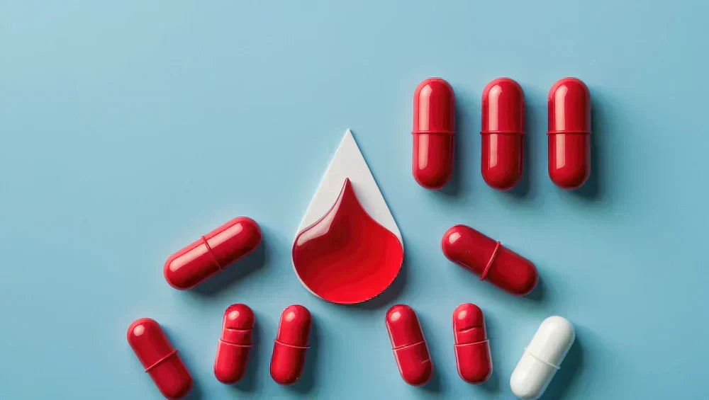 Rote Tabletten und großer Blutstropfen auf blauem Untergrund