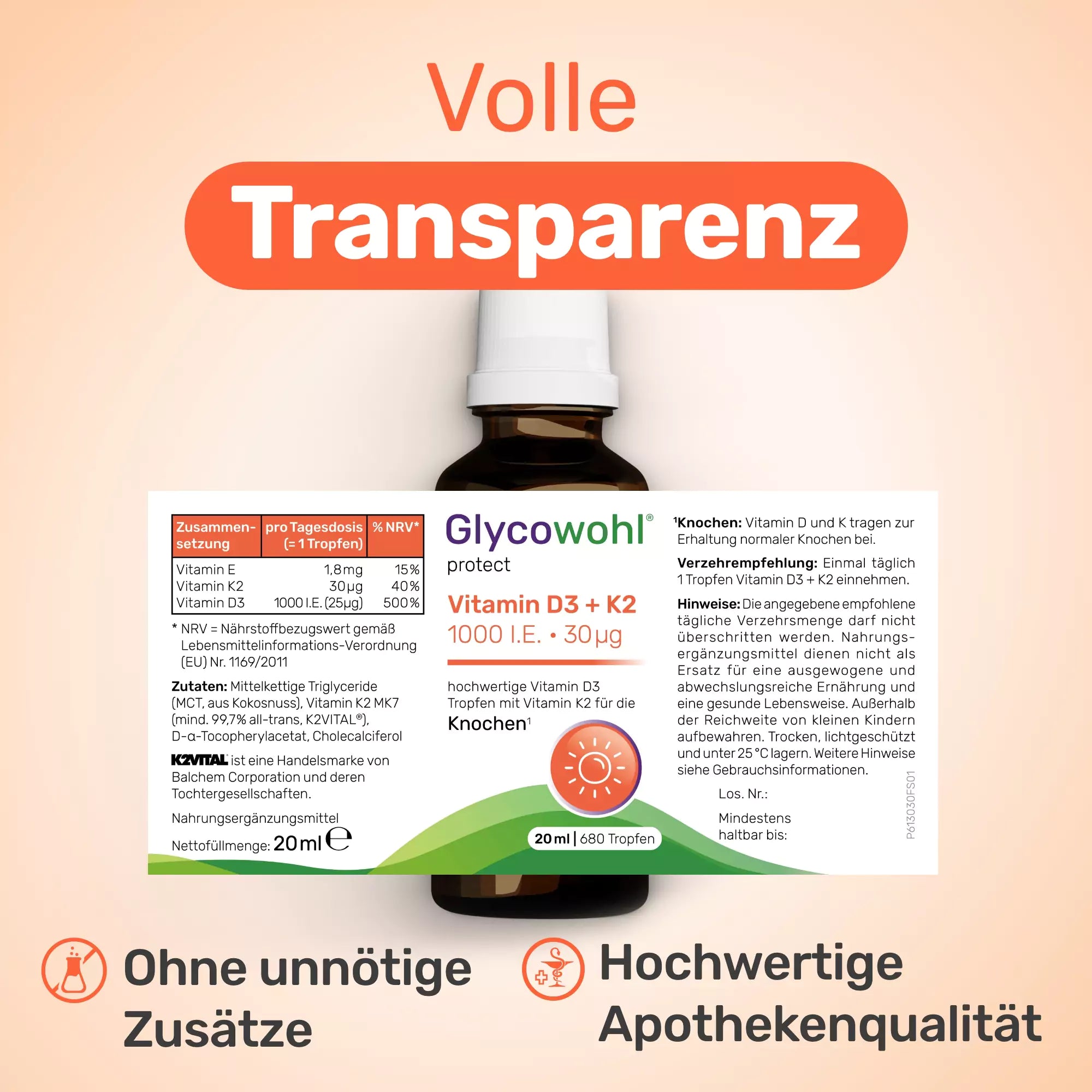 Vitamin D3+K2 Tropfen | 1000 I.E. · 30 µg